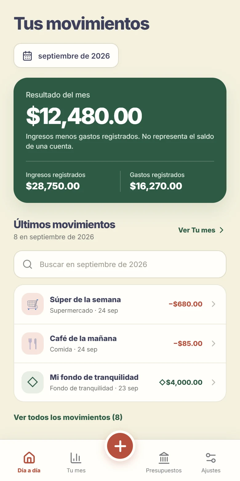 PENTA Web: resultado del mes, ingresos, gastos y últimos movimientos. Datos de ejemplo.